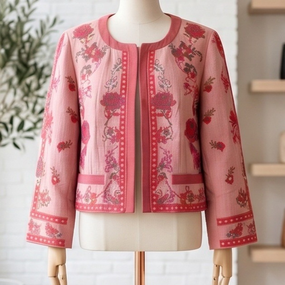 Blank London Anthropologie M Pink Quilted Embroidered Tapestry Jacket Hook